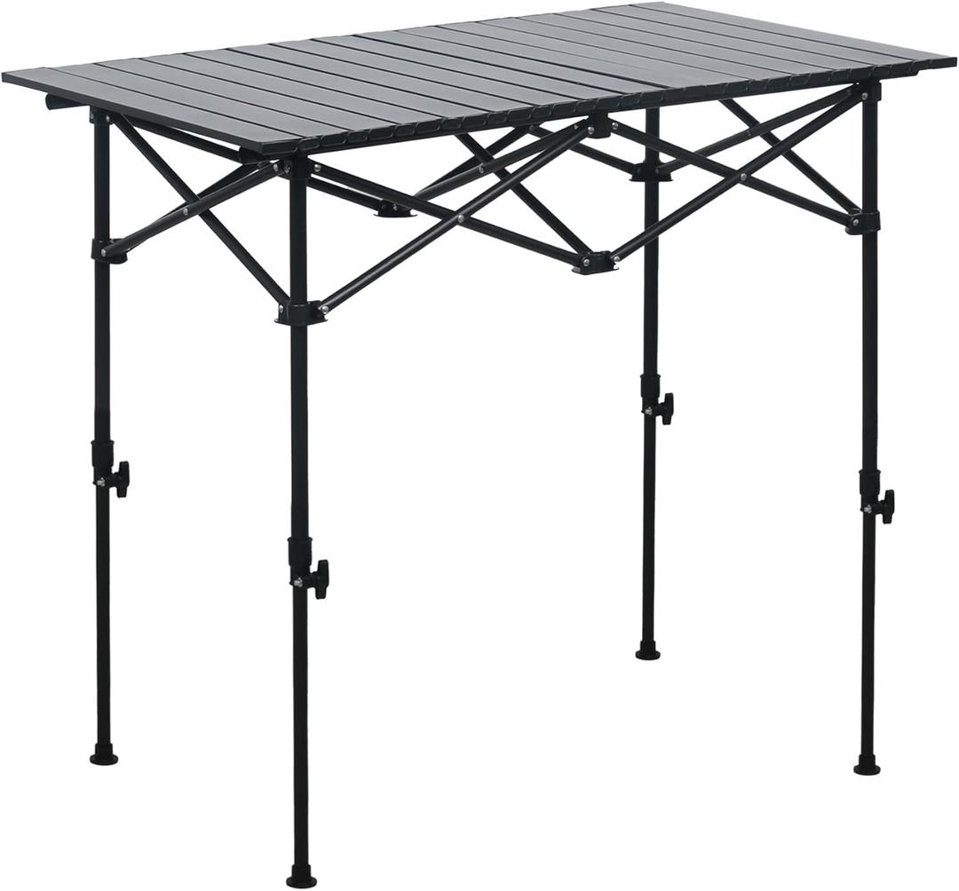 LOFTEY Folding Camping Table, Adjustable Height Aluminum Camp Table with Roll Up Top, Lightweight with Carry Bag, Portable for Camping, Backyard BBQ, Tailgating, 37.4" L x 21.7" W x 32" H, Black