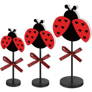 Maitys 3 Pcs Summer Ocean Tabletop Decor Standing Sea Turtle Lemon Ladybug Easter Bunny Block Wooden Table Centerpiece Sign Coastal Beach Nautical Table Decor for Home Kitchen(Ladybug)