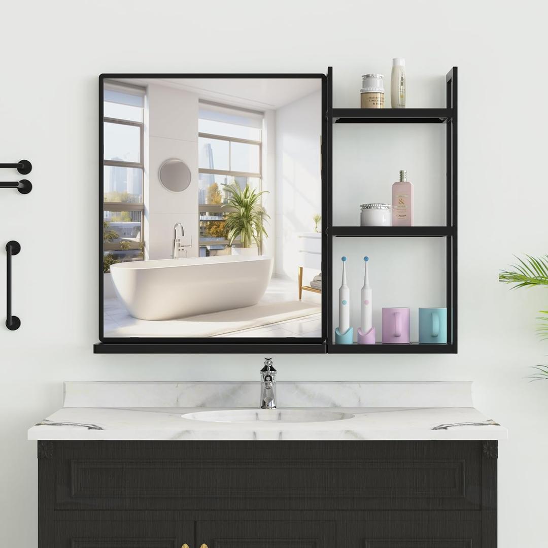 Black Metal Framed Bathroom Mirror with Shelf, 24.4 X 31 in Rectangular Wall Mounted Bathroom Vanity Mirror, Modern Bathroom Mirror with Storage for Over Sink, Entryway (Black)