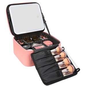 Relavel Travel Makeup Bag With LED Mirror Portable Travel Makeup Organizer 3 Color Adjustable Brightness Waterproof Cosmetic Train Case with Removable Dividers Makeup Storage for Women, Pink (1-Small)