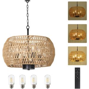 Battery Operated Outdoor Chandelier with Remote & Dimmable LED Bulb, Rattan boho battery powered outdoor lights for patio, Farmhouse hanging pendant light Fixture for yard garden Porch Gazebo
