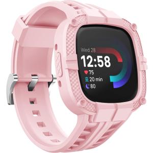 GELISHI Compatible for Fitbit Versa 4/ Fitbit Sense 2 Bands Rugged Protective Case with TPU Sport Band Wristbands, Military Shockproof Bumper Case for Men Women, Pink