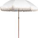 7.5Ft Patio Beach Umbrella with Fringe & Tassel, UPF50+ Push Button Tilt & Crank, Ideal for Garden, Lawn, Deck, Yard & Pool (White)