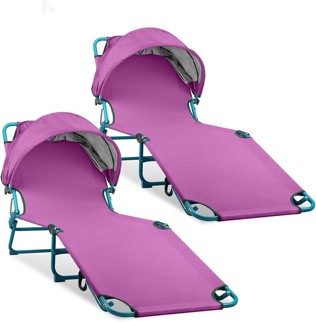 Colorsoul 2 Pack Tanning Chair with Sun Canopy,Adjustable 4-Position Beach Lounge Chair for Adults,Heavy Duty Folding Outdoor Lounge Chair,for Patio Poolside Sunbathing,UPF 50+,300 LBS,Purple, 79 inches x 22 inches x 10.26 inches
