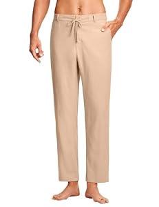 ISEEGZ 30" Men's Linen Pants Casual Dress Pants Drawstring Lightweight Business Trousers with 4 Pockets Beach Summer Khaki