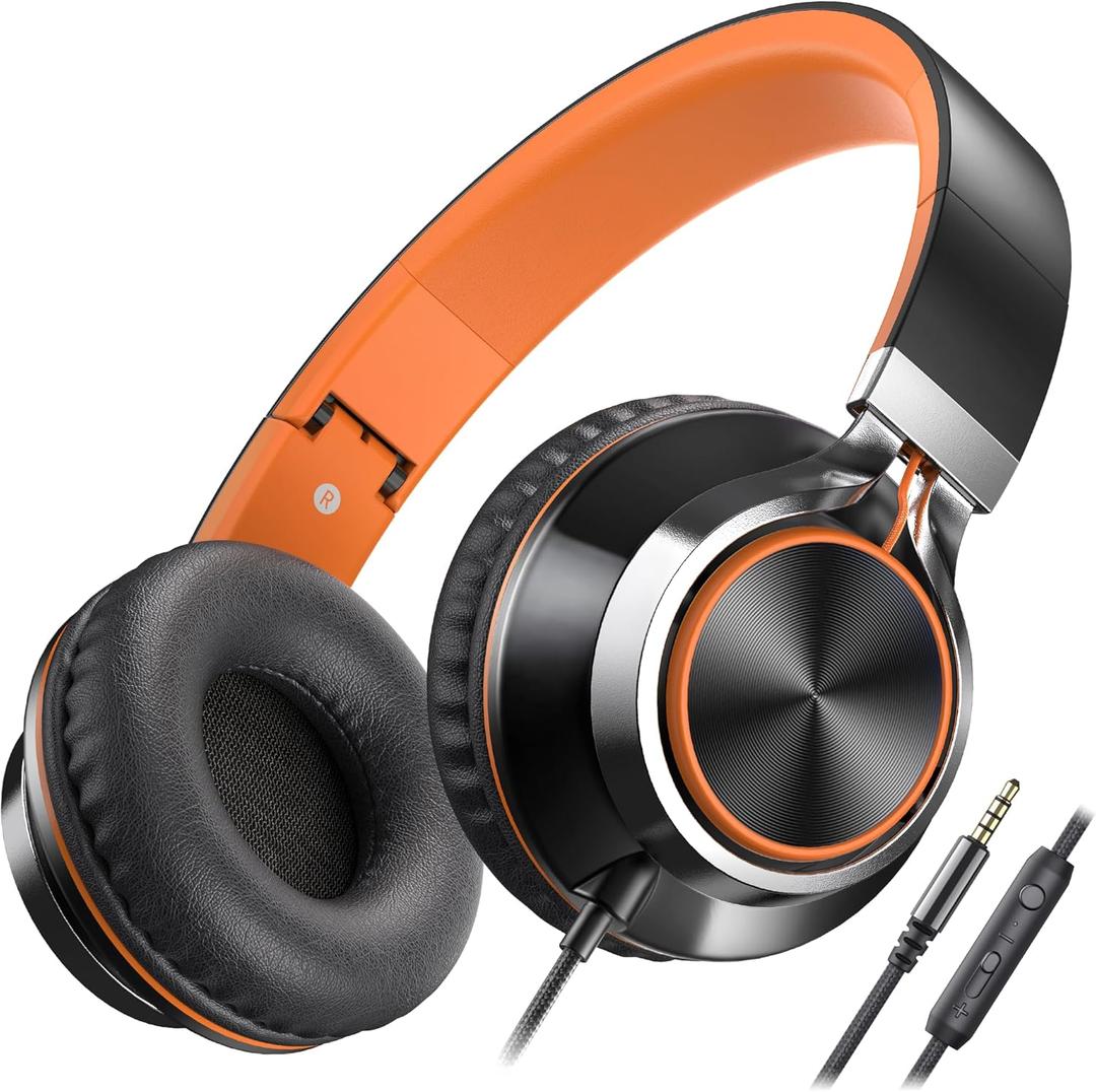 AILIHEN Kids Headphones, Headphones Wired with Microphone and Volume Control Folding Stereo Corded On-Ear 3.5mm Headset for Boys Girl Cellphones Tablets Chromebook Laptop Computer (Black/Orange) (Medium)