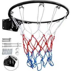 18" Basketball Rim, Basketball Hoop Replacement Wall Door Mounted Outdoor Indoor Hanging Double Spring with All Weather Net