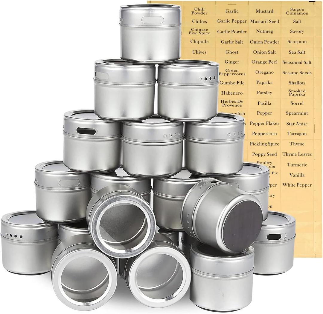Juvale 20-Pack Magnetic Spice Jars - Space-Saving & Magnetic Spice Rack for Refrigerator - Preprinted Labels & Seasoning Containers - Pack of 20, 3.4 fl oz