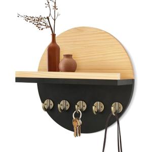Key Holder for Wall with Shelf - Wood Mail Organizer and Rack with Shelf Hooks Wall Mounted for Entryway Decor Magazines Letter Storage Farmhouse Living Room Bedroom Doorway Black