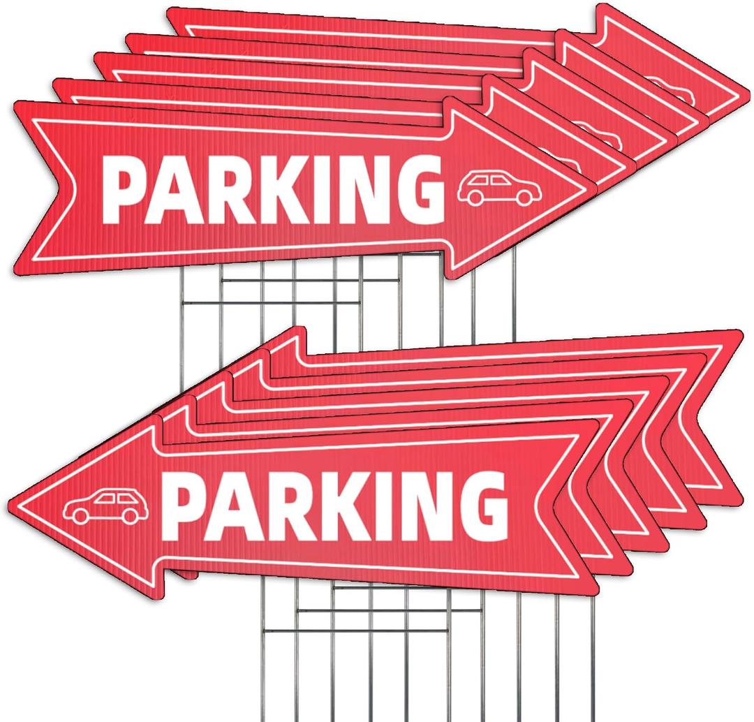 10 Pack Large Size 23 X 7.2 Inch Directional Parking Signs with Arrows - Durable Corrugated Plastic Event Parking Yard Signs, Red & White, Left & Right Arrow, with Stakes