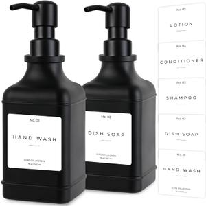 Emerson Essentials Soap Dispenser, Dish Soap Dispenser, Soap Dispenser Bathroom Set, Hand Soap Dispenser, Kitchen Soap Dispenser Set, Glass Soap Dispenser with Pump and Labels | 16 Oz, 2-Pack, Black 
