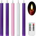Flameless Advent Candles, Set of 5 - Flickering LED Flame, 10 Inch Taper Candlesticks, Remote Controlled - 3 Purple, 1 Pink, 1 White for Christmas Wreath