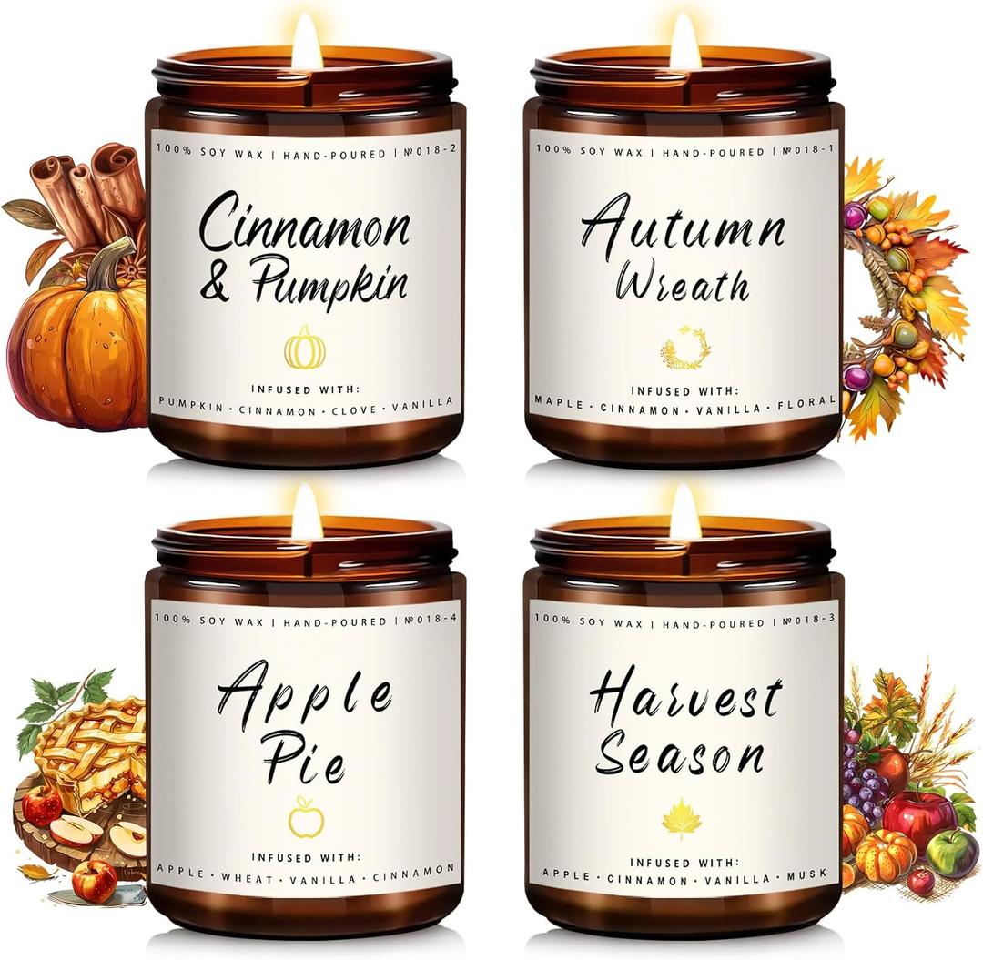 Auelife Fall Candle Set | 4 Pack Scented Candles for Home - Candle Gifts for Women Men, Soy Candles Home Scented | Autumn Fragrance of - Apple Pie/Cinnamon/Harvest/Wreath
