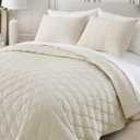 Corduroy Quilt Set Queen 90"x90", Lightweight All-Season Quilt with 2 Pillow Shams, Soft Fine-Striped Quilted Bed Cover, Beige