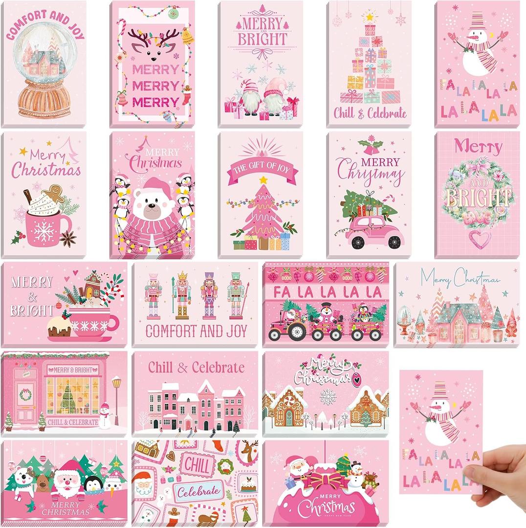 Nuanchu 80 Pcs Pink Christmas Postcards Bulk 4 x 6 Inch Cute Merry Christmas Greeting Cards Funny Blank Xmas Cards for Friends Relatives Holiday Party, 20 Designs