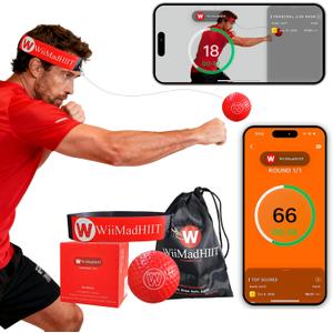 WiiMad Boxing Reflex Ball with Punch Counter App, Fun Punch Game with Headband, Hand Eye Coordination Training | Boxing Equipment, Fitness Gift Ideas for Teen Boys and Anyone into MMA Training (Red)