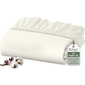 Royale Linens 100% Organic Cotton Fitted Sheet - Percale Weave - Super Soft Deep Pocket Bottom Sheets - Ivory Elastic Sheet Twin XL Size - Twin XL Fitted Sheets Only - (39"x80"+15", Ivory)