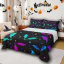 Erosebridal Halloween Bat Bedding Set King Size Glitter Stars Galaxy Bed Sheet Set for Kids Child, Cartoon Gothic Bats Fitted Sheet Halloween Decorations Teal Blue Green Purple (Multi 10)