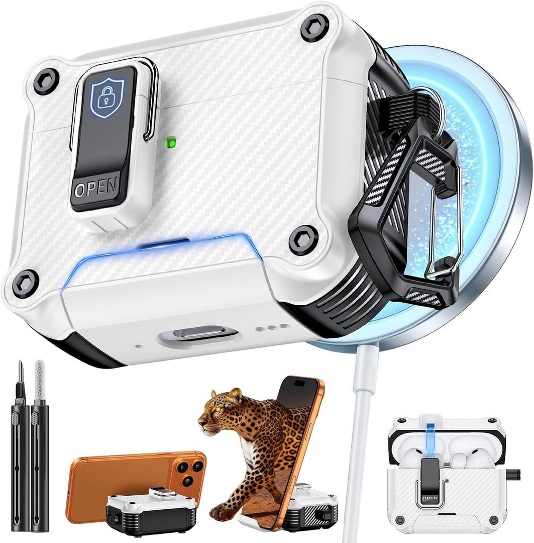 Inesore for AirPods Pro 3 Case with Secure Lock (White) | Phone Stand Design,Compatible with MagSafe,Automatic Snap Switch Secure Cover Carbon Fiber Texture with Cleaner Kit