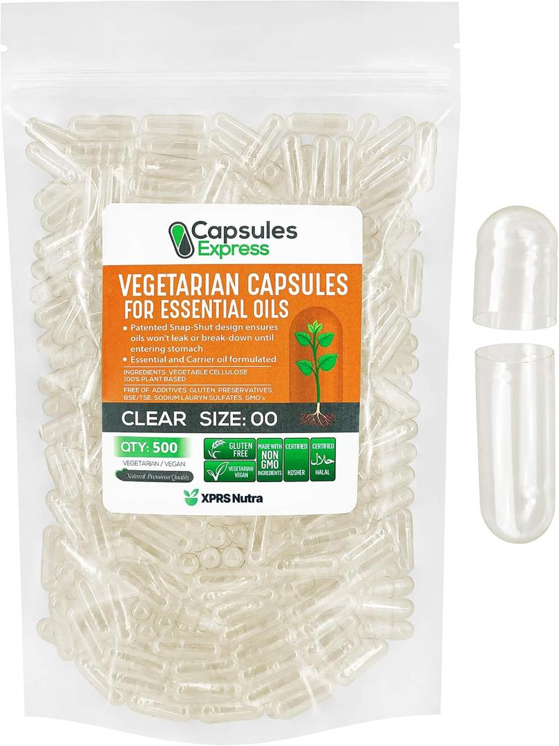 XPRS Nutra Size 00 Empty Vegan Capsules - 500 Count Clear Veggie Capsules for Essential Oils - Empty Vegetable Caps - DIY Filling Works with Most Oil, Exp Date: 12/31/26