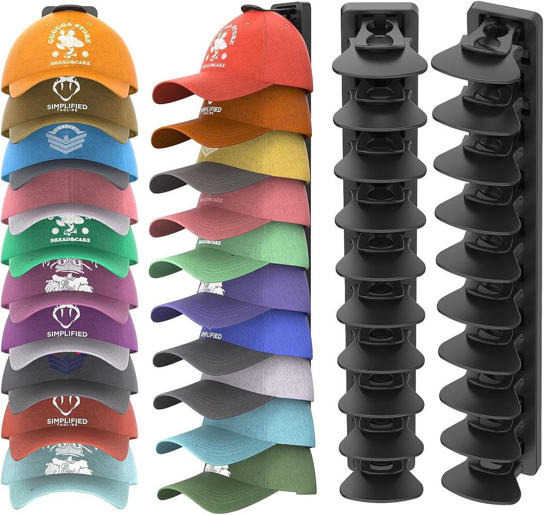 Hat Organizer for Baseball Caps Hold Up to 40 Hats, 2 Pack Hat Rack for Wall, Strong Adhesive Hat Storage Display Holder for Closet Door and Wall (Black)