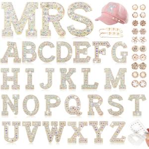 Rhinestone Self-Adhesive Letter Clothing Patches: Kingsow 48pcs Silver Rhinestone Bling Letter Patch Stickers for DIY Crafts - Glitter Crystal Alphabet Patches Stick on Jackets, Hats, Bags