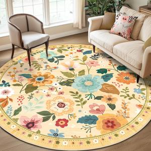 Floral Nursery 8ft Area Rugs Washable Print Boho Cute Carpet Non Slip Flower Low Pile for Living Room Kids Girls Playroom Bedroom Kitchen Office Farmhouse-Ivory/Yellow