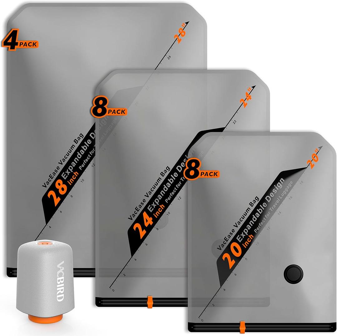 Vacbird Rechargeable Wireless Pump Travel Storage Bags Set - 20 Pack Portable Space Saver Bags for Travel & Home - Vacuum Compression Packing Seal for Clothes, Blankets, Seasonal Storage, 20 Combo Set