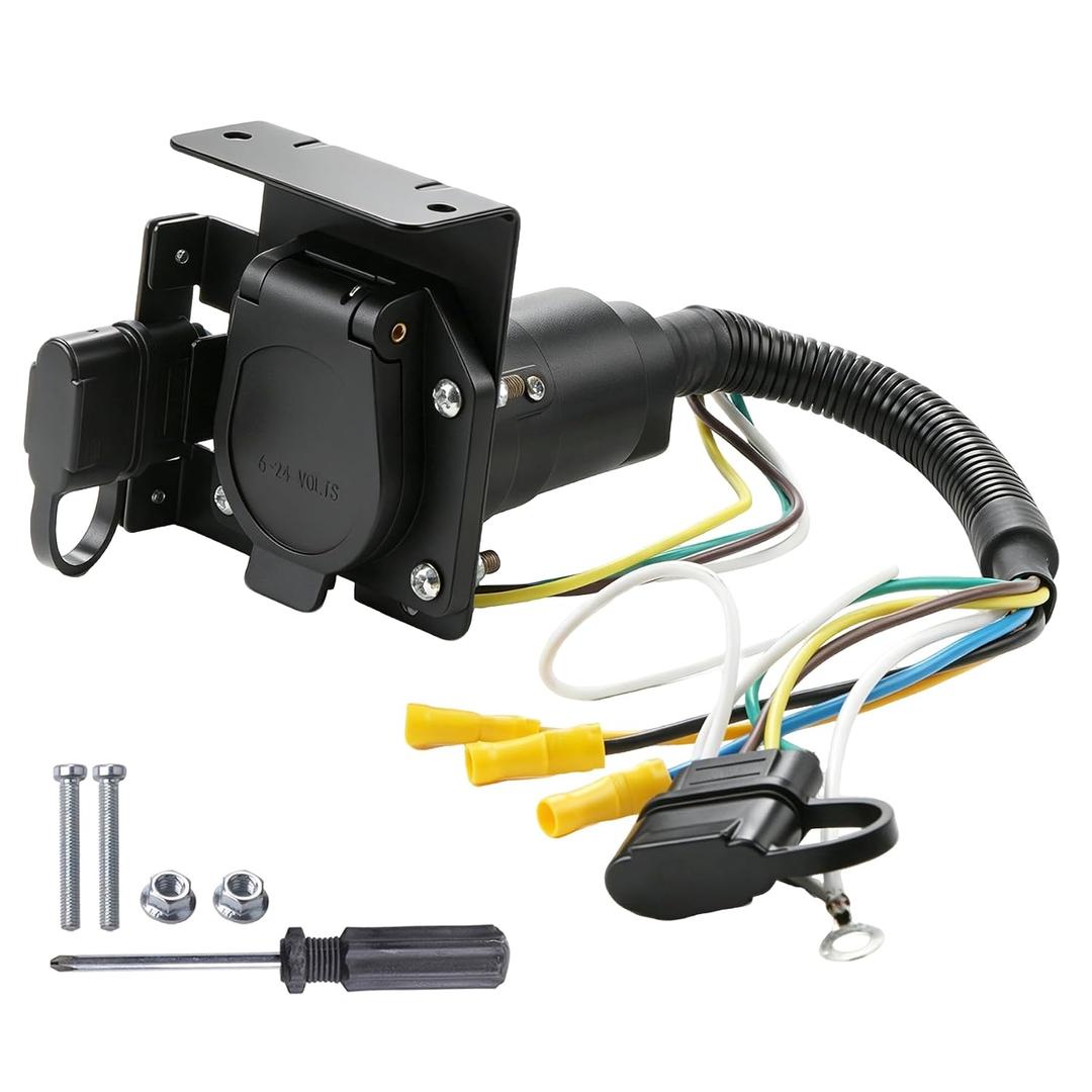 Trailer Wiring Adapter 4-Way Flat to 7-Way 4-Pin Female, Dual-Output Vehicle-Side Trailer Light Plug Connector Kit, Heavy Duty 4-Pin to 7-Pin & 4-Flat with Mounting Bracket for Towing RV Blade