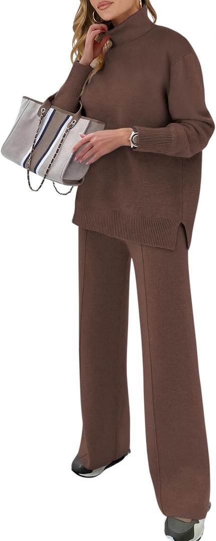 ANRABESS Womens 2 Piece Outfits Sweater Sets Loose Turtlenck Knit Pullover Top Wide Leg Pants 2024 Fall Lounge Sweatsuits (Small, Coffee)