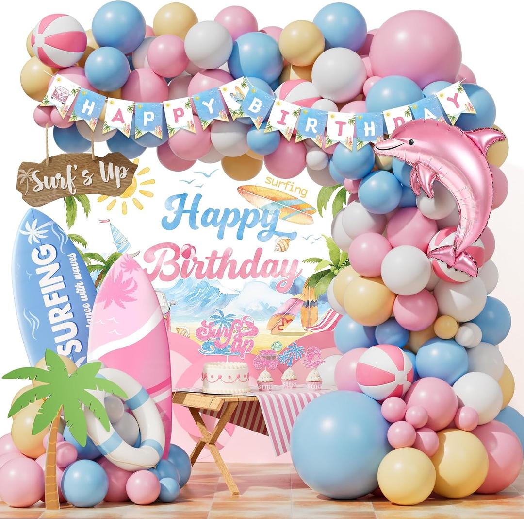 Surf Birthday Party Decorations, Beach Birthday Party Decorations for Girls, Summer Hawaii Wave Surf's Up Birthday Supplies Balloon Garland Surfboard Cardboard for Surf-Themed Bday Girl Decor Kit