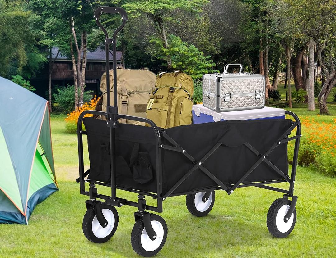 Collapsible Folding Wagon Garden Cart with All Terrain Activities Wheel, 150 Pound Capacity Utility Cart Heavy Duty Foldable Beach Wagon Grocery Cart for Beach Park Camping Shopping (Black)