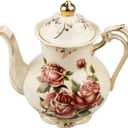 Rose Pattern Ceramic Tea Pot, STARVAST Vintage Floral Pottery Teapot Ivory 28oz Large Porcelain Decorative Teapot, Gifts or Collections Idea (Capacity: 800 mL)