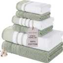 Modern Threads 6-Piece Towel Set  100% Cotton, Quick Dry, Ultra Absorbent  Includes 2 Bath, 2 Hand, 2 Washcloths (White/Reinhart Sage) (Green)