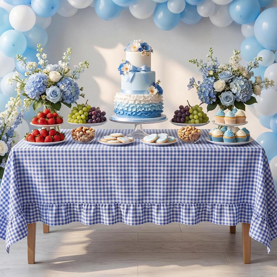 Mindsoft Blue Gingham Ruffled Tablecloth 84 x 60 Inches Rectangle Cotton Linen Checkered Table Cloth Buffalo Plaid Farmhouse Vintage Decorative Tablecover for Picnic Kitchen Dining Room Home Party