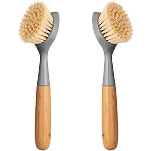 2 Pack Kitchen Dish Brush Bamboo Handle Dish Scrubber Built-in Scraper, Scrub Brush for Pans, Pots, Kitchen Sink Cleaning, Dishwashing and Cleaning Brushes are Perfect Cleaning Tools, Color-Gray