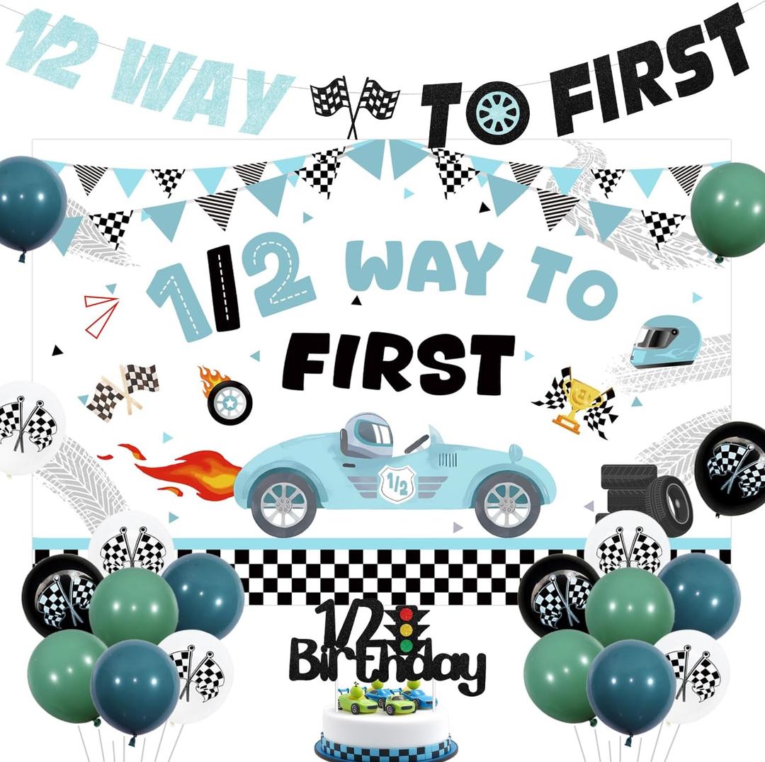 Racing Car Themed Half Birthday Decorations Blue 1/2 Way to First Backdrop Vintage Car Themed Glitter Banner Half Birthday Cake Topper Blue Latex Balloons for Boys 6 Months Birthday Party Supplies