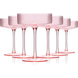 9 oz Pink Art Deco Coupe Glasses Set of 6 Vintage Ribbed Cocktail Glasses