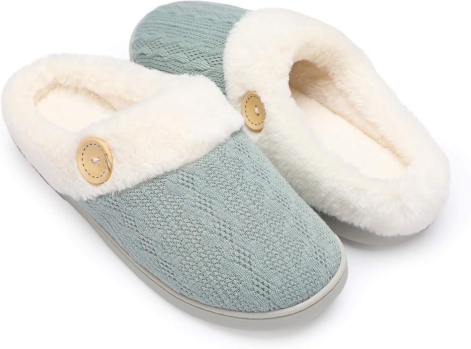 Womens Slipper Warm Comfy Memory Foam House Slippers Knitted Shoes Faux Fur Lined Anti-Skid Rubber Sole Bedroom Cozy Indoor Outdoor Slippers 38/39