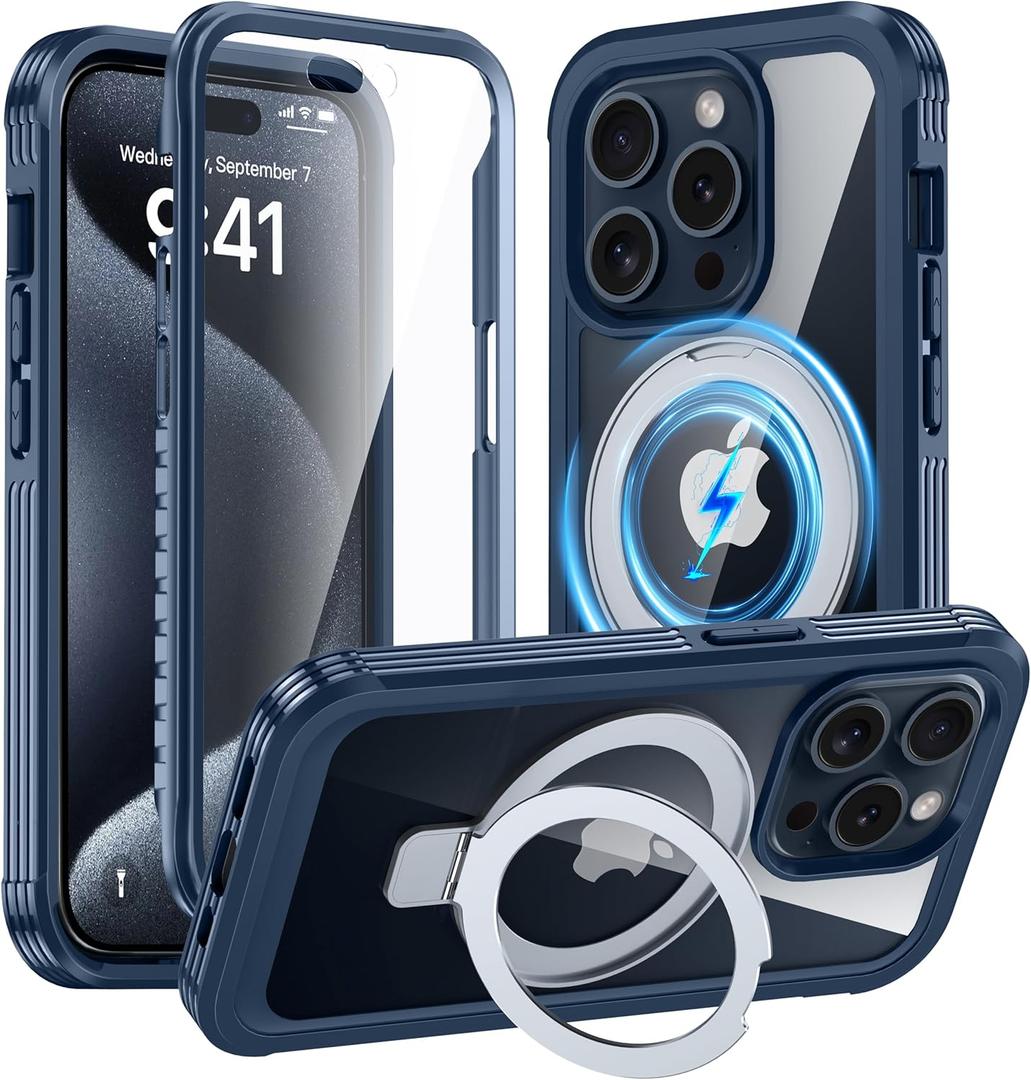 GUSTAVE Magnetic Stand for iPhone 15 Pro Case [Fit for Magsafe] [Built-in 9H Tempered Glass Screen Protector] Full-Body Shockproof Military-Grade Protective Case Blue