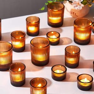Mumufy 48 Pcs Assorted Votive Candle Holders Ribbed Glass Tealight Candle Holder Bulk for Table Centerpiece, Baby Shower, Home and Wedding Party Decoration (Amber)