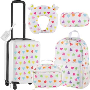 Redbaker 6 Pcs Kids Luggage Set 17 Inch Kids Rolling Luggage Double Pattern Suitcase for Girls Boys School Gift (White,Love Style)