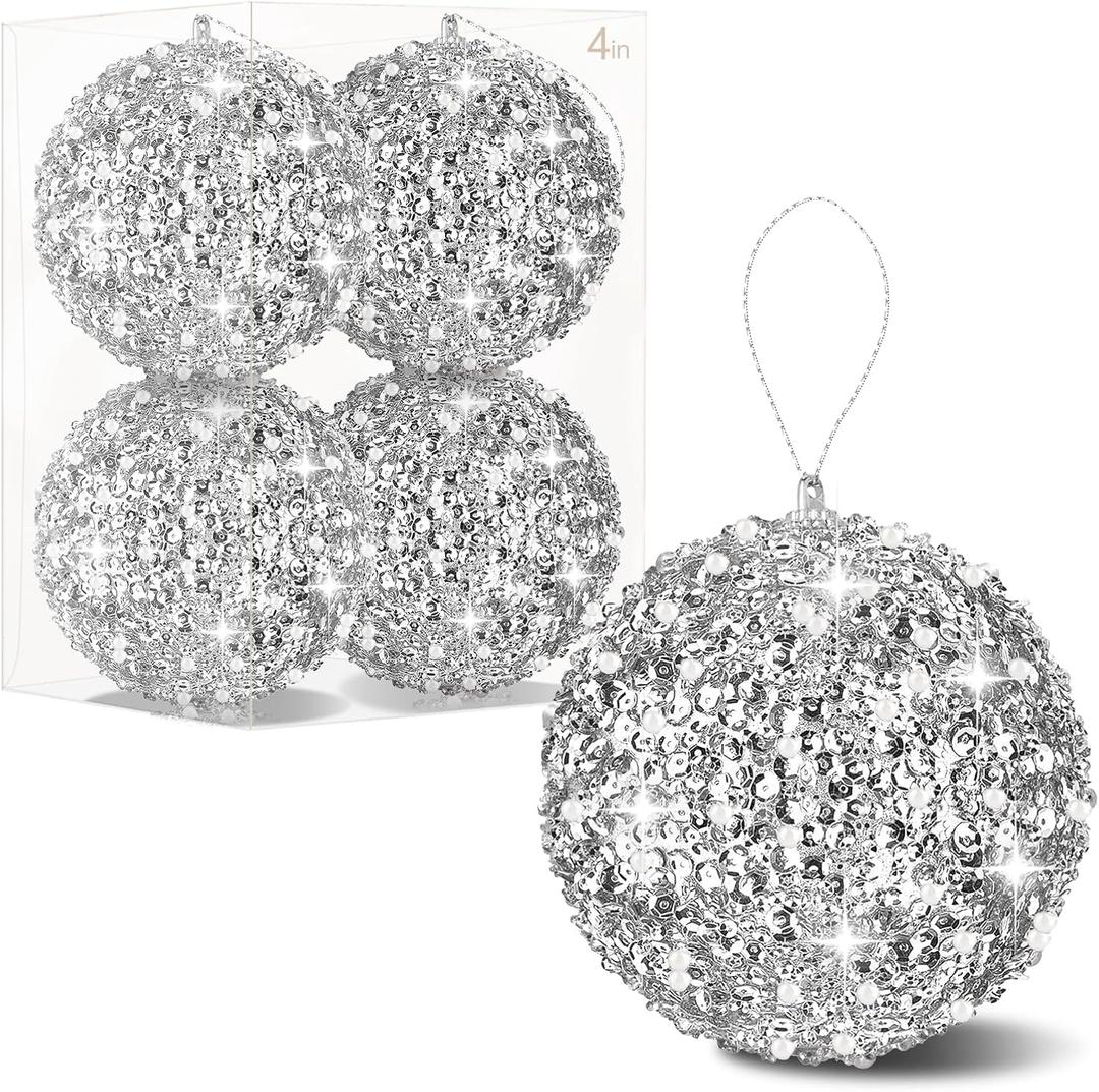 4 Pcs 4 Inch Christmas Ball Ornaments Glitter Sequin Ball Large Silver Christmas Tree Decorations Xmas Hanging Balls for Home New Year Holiday Indoor Outdoor Party Decor (4, Silver, 4 Inch)