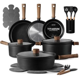 CAROTE 21pcs Pots and Pans Set Nonstick, Cookware Set Black Granite Induction Kitchen Cooking Set w/Frying Pans & Saucepans(PFOS, PFOA Free), 21 Piece 