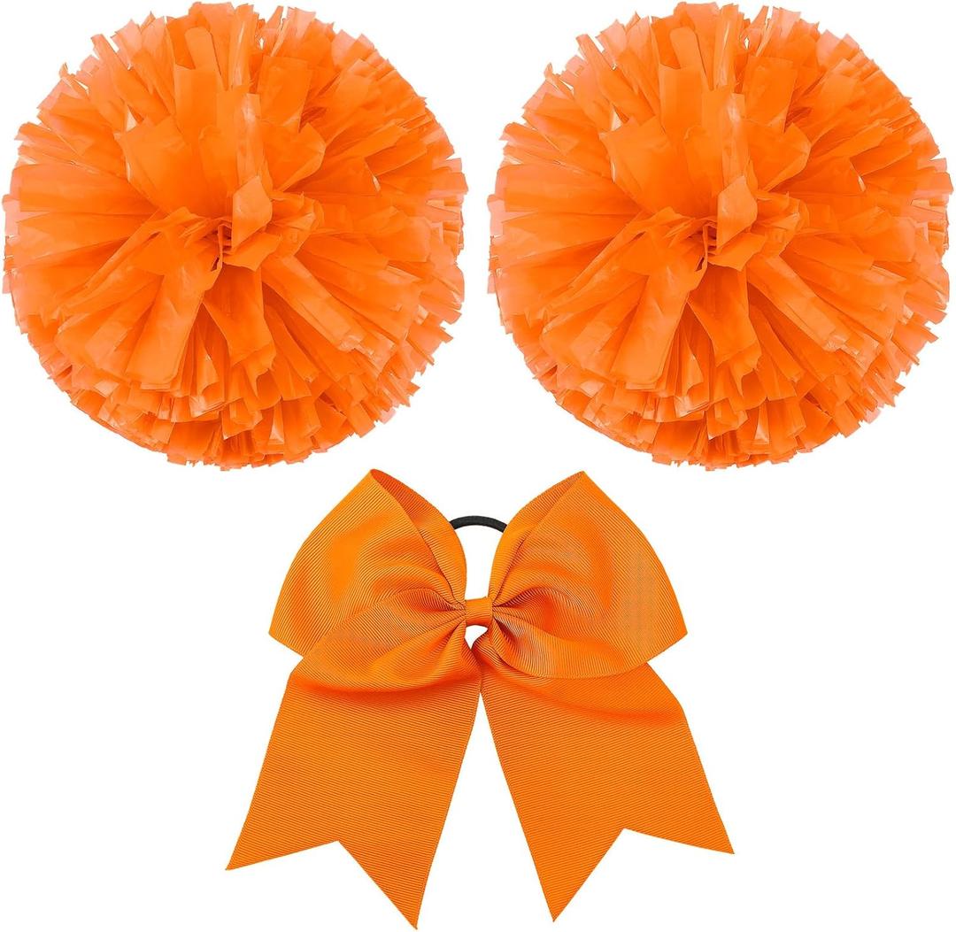 Hanaive 3 Pcs Cheerleading Pom Poms and Large Cheerleader Hair Bow Metallic Cheer Supplies for Team Spirit Sports Dance Cheering (Orange)