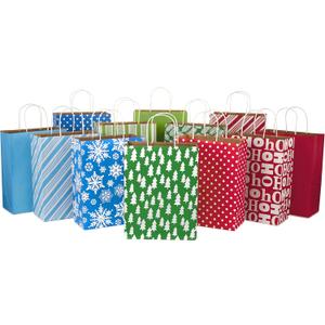 Hallmark 13" Large Gift Bag Assortment, Holiday Icons (12 Paper Gift Bags in Assorted Designs for Hanukkah or Christmas | Stripes, Polka Dots, Snowflakes, Christmas Trees)