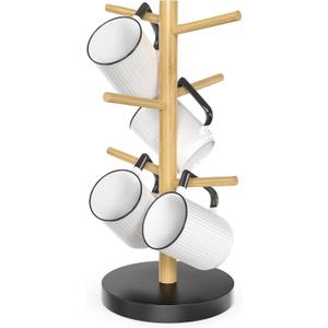 2 x Wisuce Bamboo Mug Holder - Black Coffee Mug Tree Stand for Countertop - Organizer (Black Natural (6 Hooks))