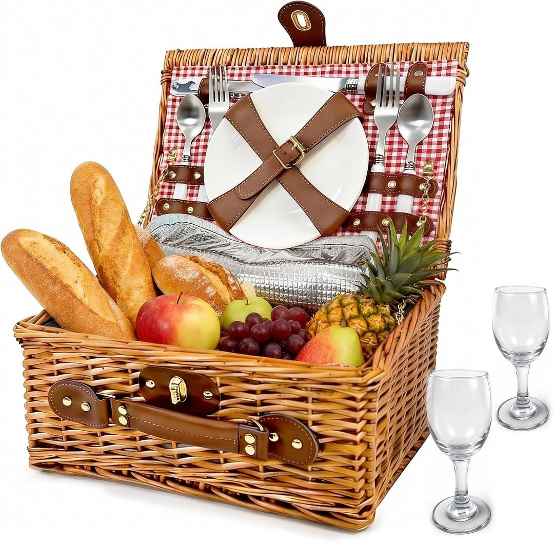 Picnic Basket for 2 - Picnic Basket with Cutlery Kit and Glasses, Insulated Picnic Set with Waterproof Liner, Portable Wicker Picnic Baskets with Lid and Handle for Outdoor, Picnic, Camping, Holidays