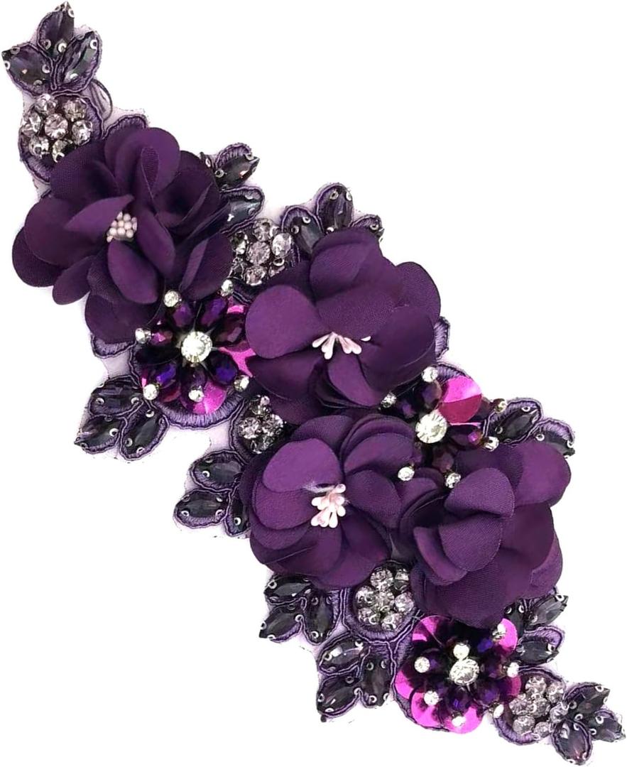 1pc Handmade Rhinestone Applique for Clothes, 3D Flower Fabric Patches for Wedding Dress, Bling Beaded Embroidery Lace Applique for Hat Hairband Sewing Embellishment (Purple)