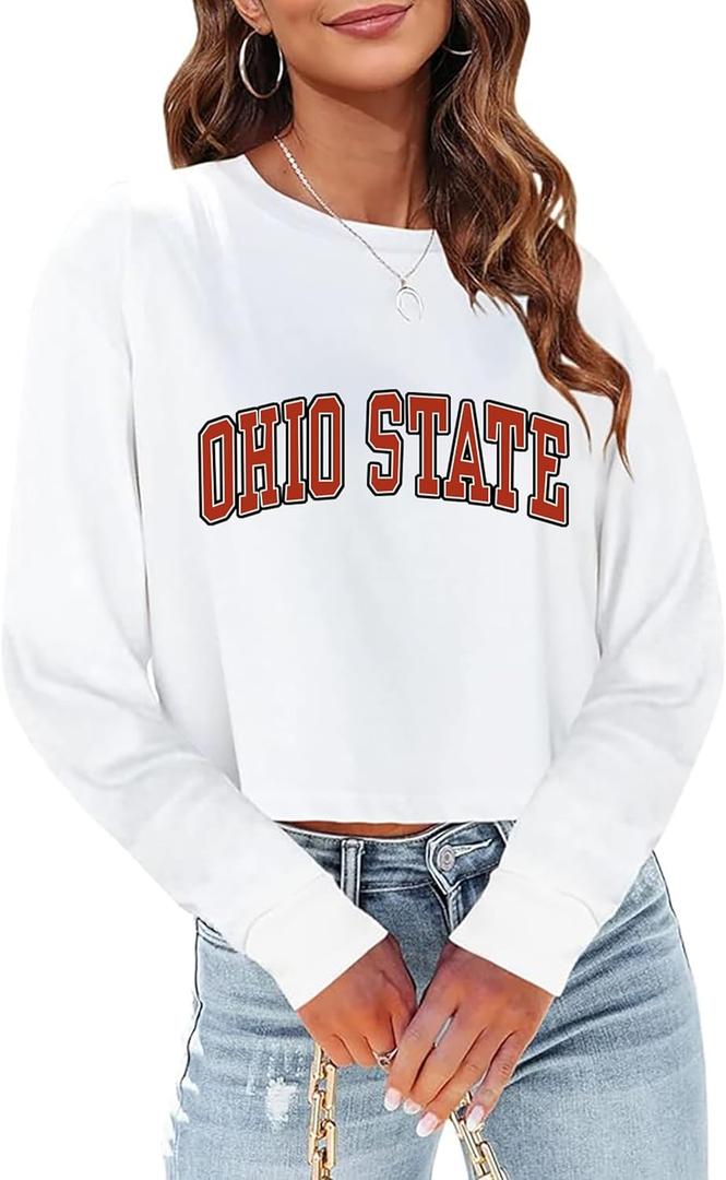Sumtory Women Long Sleeve Crew Neck Sweat Shirts Loose Fit Letter Print Pullovers Crop Tee Tops (Small, 23# White #Ohio State)
